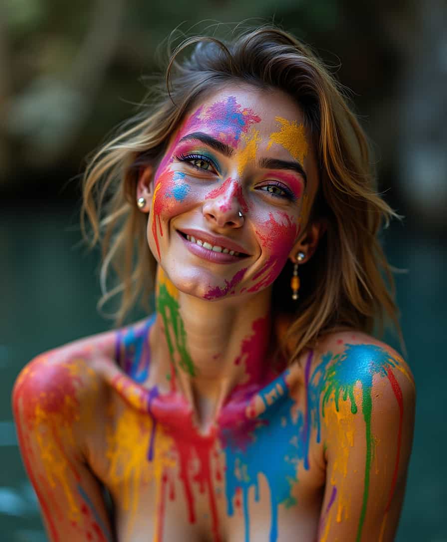 female covered in colorfull paint, bodypainting, smile, happy, gorgeous, attractive, (((full body visible))), looking at viewer, portrait, photography, detailed skin, realistic, photo-realistic, 8k, highly detailed, full length frame, High detail RAW color art, piercing, diffused soft lighting, shallow depth of field, sharp focus, hyperrealism, cinematic lighting
