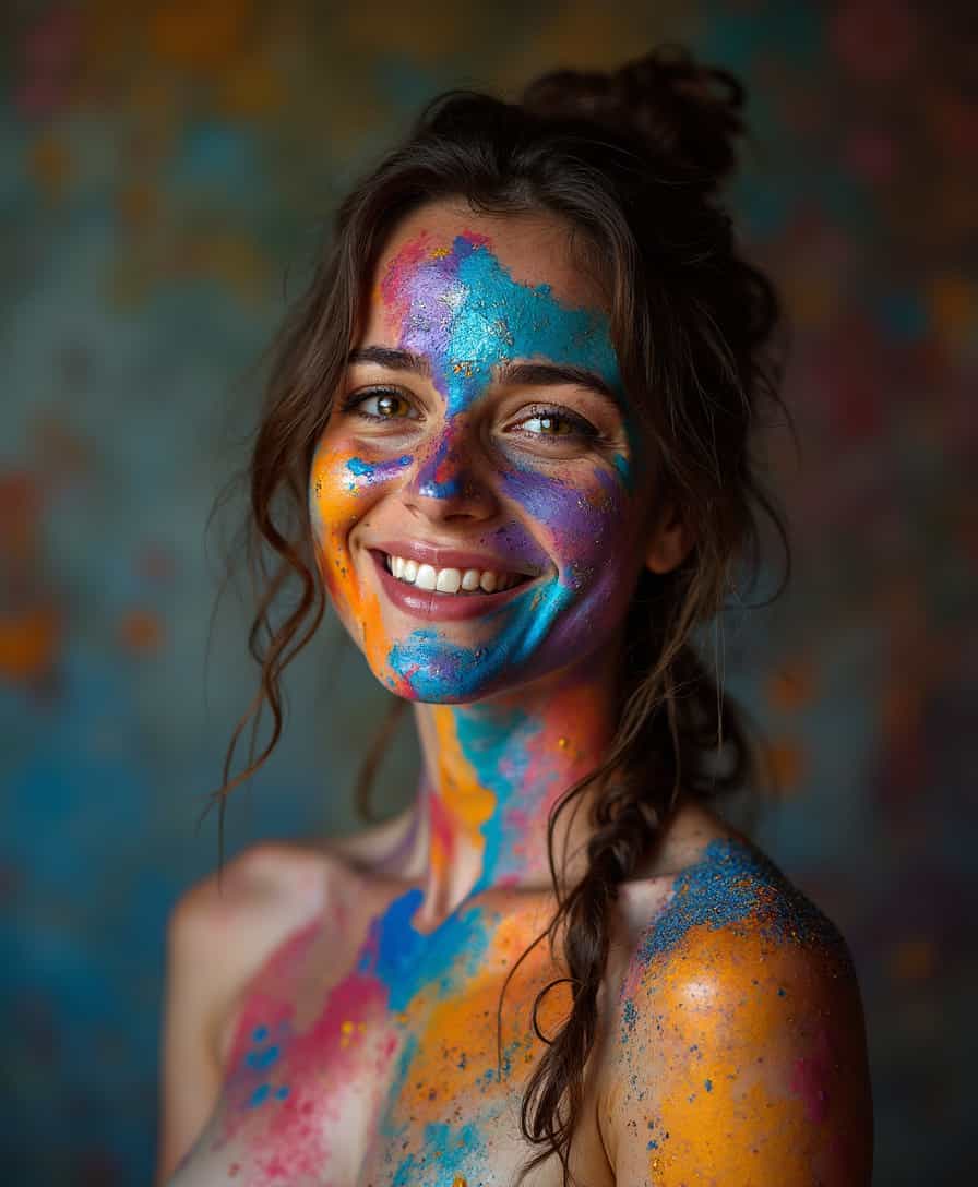 Vibrant Holi Festival Portrait of a Joyful Woman