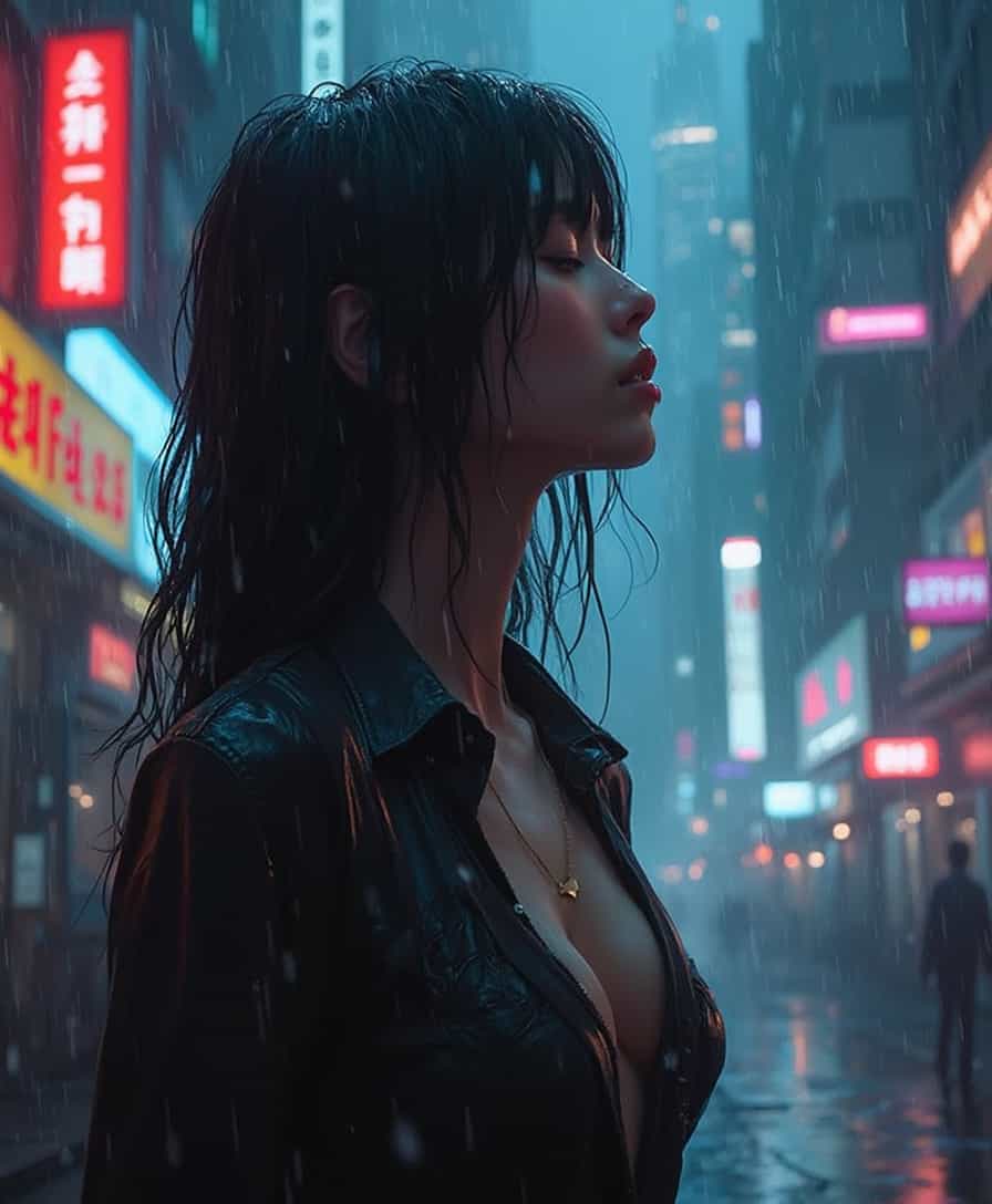 cyberpunk cityscape , dark, moody, raining, Asian woman with long black hair with light highlights, head tilted down, eyes closed, unbuttoned open blouse clinging to her skin, water running down her body, wet hair, wet clothes, mist . neon lights, dark alleys, skyscrapers, futuristic, vibrant colors, high contrast, highly detailed