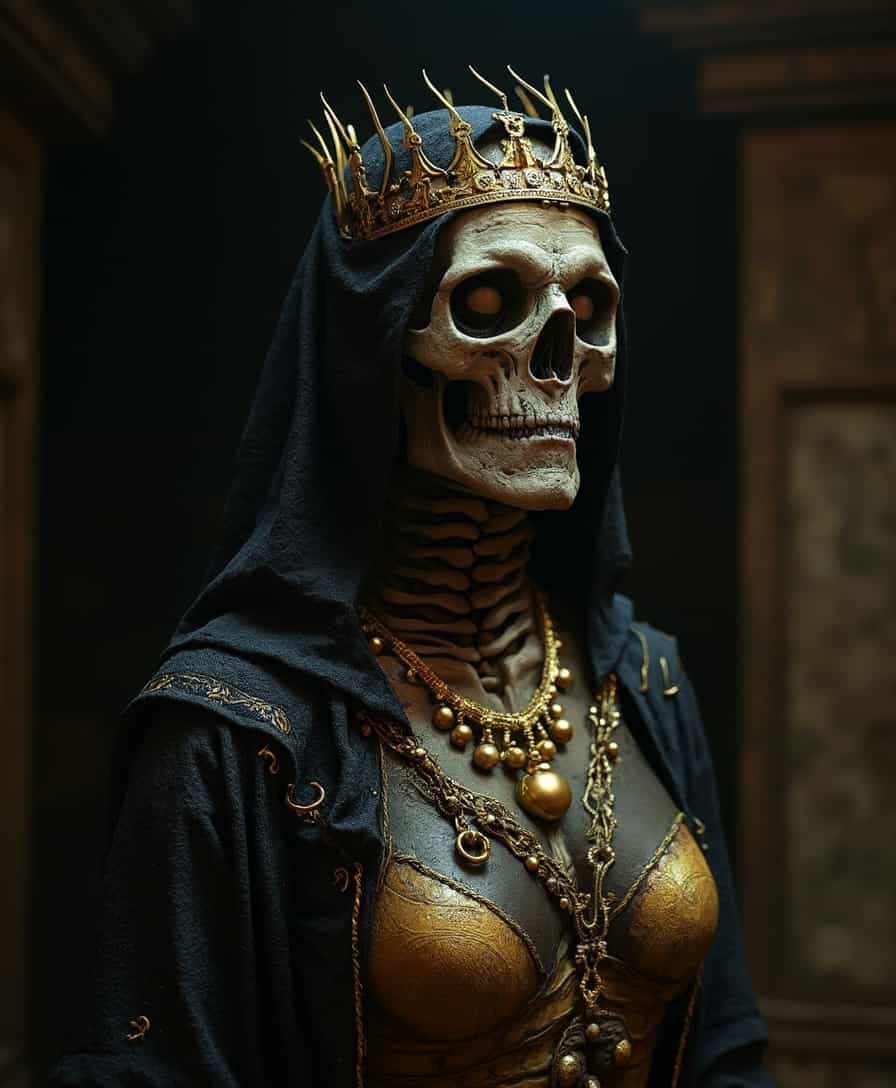 The image features a dead old queen in full attributes, depicted as a mummy. She is wearing a crown and a necklace, with a gold crown on her head and a gold necklace around her neck. The mummy's face is skeletal, and she appears to be wearing a gold and black dress. The scene is set in a dark environment, with a black background and a few lights illuminating the mummy. The overall atmosphere of the image is eerie and mysterious, as it captures the essence of a long-deceased queen preserved in her tomb. (controlnet_mode:canny juggernautXL_v5, sdxl-1. 0. 0. 9. safetensors, SeargeSDXL4. 2-Llama2 prompt)