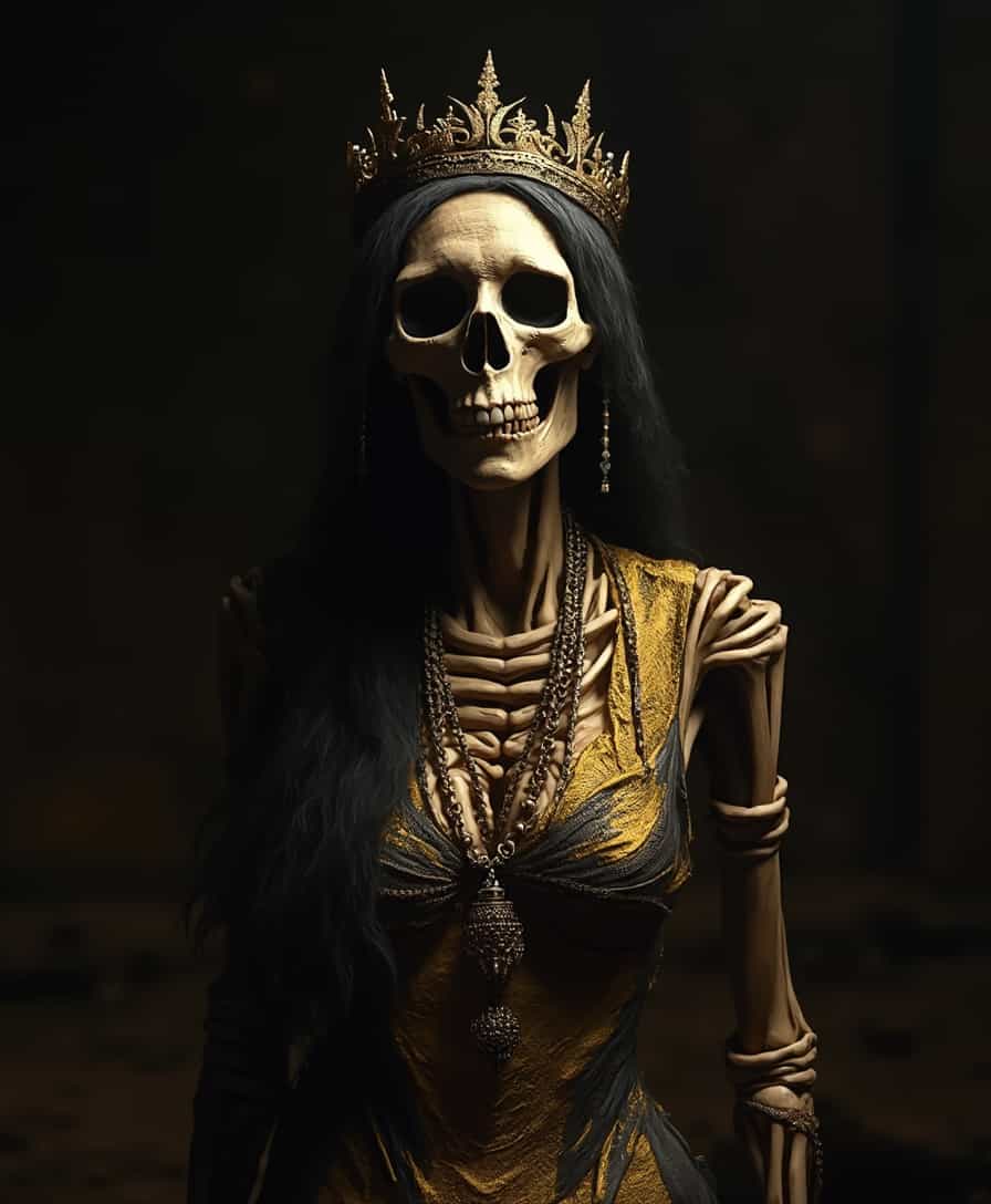 The image features a dead old queen in full attributes, depicted as a mummy. She is wearing a crown and a necklace, with a gold crown on her head and a gold necklace around her neck. The mummy's face is skeletal, and she appears to be wearing a gold and black dress. The scene is set in a dark environment, with a black background and a few lights illuminating the mummy. The overall atmosphere of the image is eerie and mysterious, as it captures the essence of a long-deceased queen preserved in her tomb. (controlnet_mode:canny juggernautXL_v5, sdxl-1. 0. 0. 9. safetensors, SeargeSDXL4. 2-Llama2 prompt)