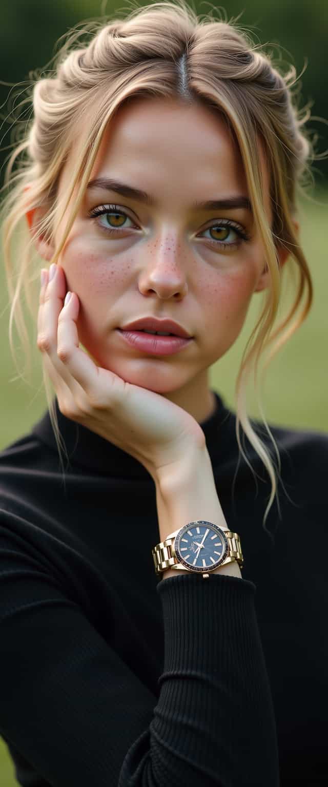An image of a contemplative young woman with honey-blonde hair pulled back from her face, transitioning to lighter tips. She has light freckles, hazel eyes, and wears minimal makeup with defined eyebrows. She's in a fitted black long-sleeve top and poses casually with her hand resting on her cheek, showcasing an ornate metal watch on her wrist. The setting is outdoors with a blurred natural backdrop and gentle lighting that accentuates her warm complexion and serene demeanor.