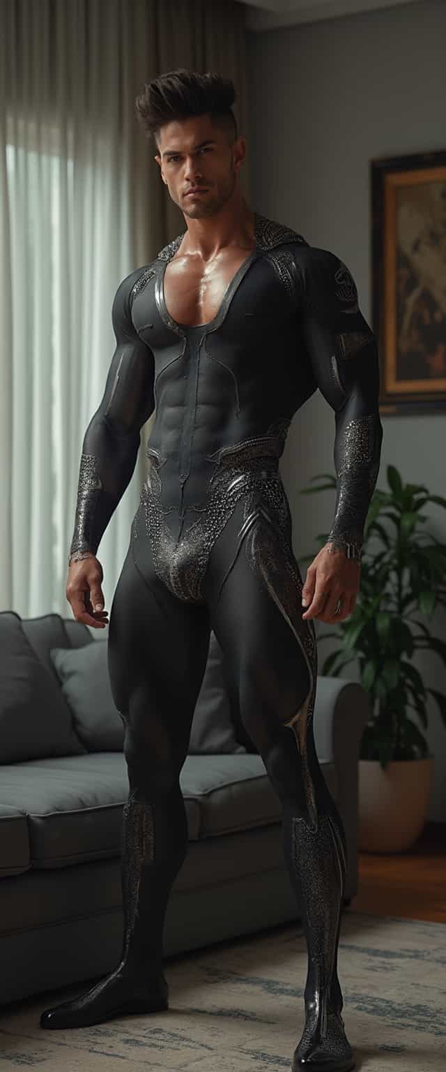 a strong 22-year-old brazillian hunk bodybuilder male, with a fringe up hairstyle, detailed face, mindless expression,  wearing a skin tight dark-gray suit with silver patterns, wearing a skin tight pants, on a modern living room, standing at attention pose, looking to the camera, Cinematic, Photoshoot, Shot on 25mm lens, Depth of Field, Tilt Blur, Shutter Speed 1/1000, F/22, White Balance, 32k, Super-Resolution, Pro Photo RGB, Half rear Lighting, Backlight, Dramatic Lighting, Incandescent, Soft Lighting, Volumetric, Conte-Jour, Global Illumination, Screen Space Global Illumination, Scattering, Shadows, Rough, Shimmering, Lumen Reflections, Screen Space Reflections, Diffraction Grading, Chromatic Aberration, GB Displacement, Scan Lines, Ambient Occlusion, Anti-Aliasing, FKAA, TXAA, RTX, SSAO, OpenGL-Shader s, Post Processing, Post-Production, Cell Shading, Tone Mapping, CGI, VFX, SFX, insanely detailed and intricate, hyper maximalist, elegant, dynamic pose, photography, volumetric, ultra-detailed, intricate details, super detailed, ambient