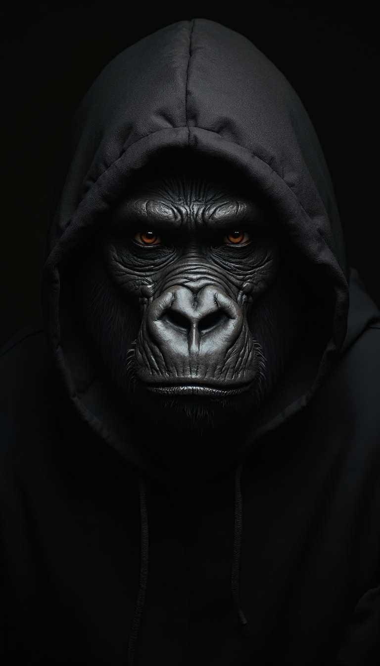 Intense Gorilla in Hooded Black Garment