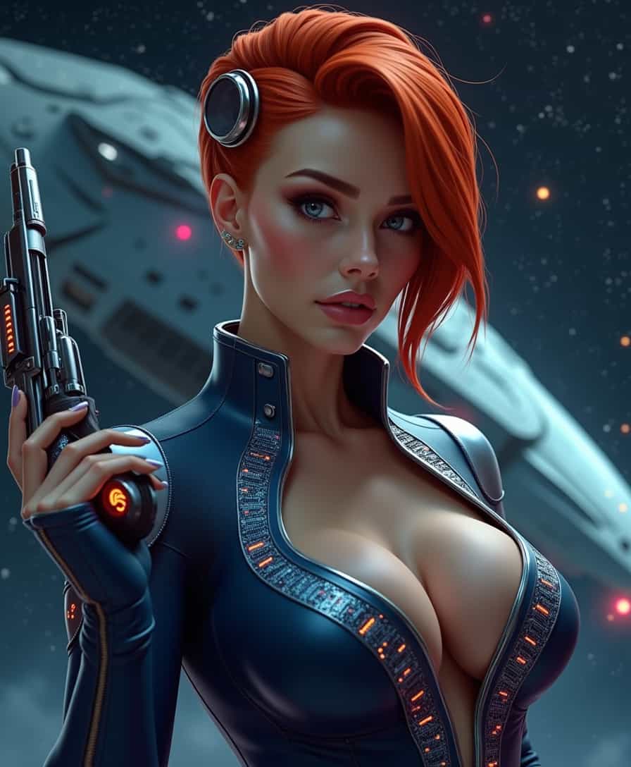 A hyperrealistic low fantasy photo of Jane Jetson as a starship captain, her form-fitting, futuristic uniform accentuating her curves with a plunging neckline and high-tech accessories. Her hair, a vibrant red styled in a sleek, modern twist, contrasts with her pale, flawless skin. Her eyes, large and expressive, are framed by meticulously applied makeup, giving her an alluring, commanding presence. The uniform, a deep metallic blue with silver accents, is adorned with intricate, glowing circuitry patterns that pulse gently, hinting at advanced technology. In her hand, she holds a sleek, chrome-plated blaster, its design reminiscent of classic sci-fi films. The backdrop is a vast, star-studded expanse of space, with a massive, intricately detailed starship hovering behind her, its design a blend of Star Wars' Millennium Falcon and Star Trek's USS Enterprise. The lighting is dramatic, with a strong key light highlighting her features and casting deep shadows, creating a sense of depth and intensity. The photo employs a neologistic cinematic style called 'Stellar Noir,' characterized by its high contrast, deep blacks, and vibrant highlights, with a shallow depth of field that keeps Jane in sharp focus while the background blurs into a mesmerizing bokeh of stars and distant galaxies.
