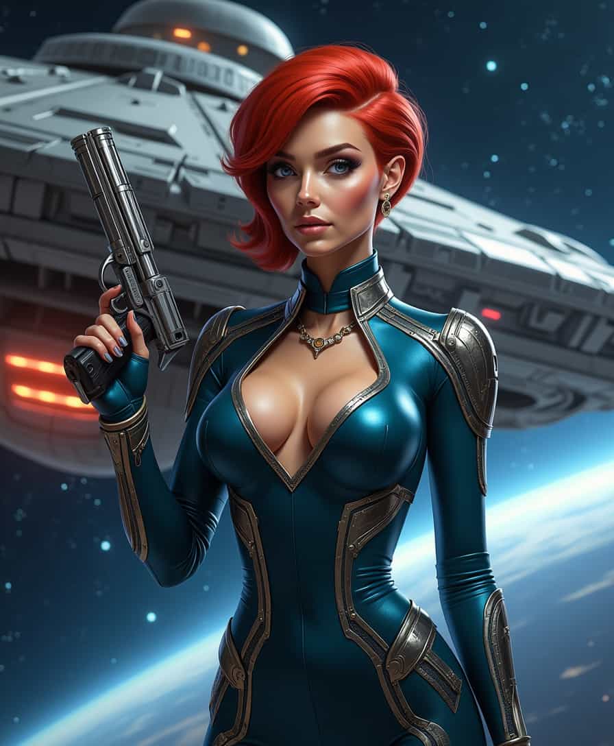 A hyperrealistic low fantasy photo of Jane Jetson as a starship captain, her form-fitting, futuristic uniform accentuating her curves with a plunging neckline and high-tech accessories. Her hair, a vibrant red styled in a sleek, modern twist, contrasts with her pale, flawless skin. Her eyes, large and expressive, are framed by meticulously applied makeup, giving her an alluring, commanding presence. The uniform, a deep metallic blue with silver accents, is adorned with intricate, glowing circuitry patterns that pulse gently, hinting at advanced technology. In her hand, she holds a sleek, chrome-plated blaster, its design reminiscent of classic sci-fi films. The backdrop is a vast, star-studded expanse of space, with a massive, intricately detailed starship hovering behind her, its design a blend of Star Wars' Millennium Falcon and Star Trek's USS Enterprise. The lighting is dramatic, with a strong key light highlighting her features and casting deep shadows, creating a sense of depth and intensity. The photo employs a neologistic cinematic style called 'Stellar Noir,' characterized by its high contrast, deep blacks, and vibrant highlights, with a shallow depth of field that keeps Jane in sharp focus while the background blurs into a mesmerizing bokeh of stars and distant galaxies.