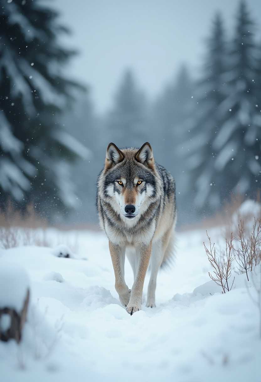 In the heart of the untamed wilderness, where the whispering pines stood sentinel against the biting wind, the wolf moved with a grace born of necessity. His coat was a tapestry of grays and whites, a perfect camouflage against the snow-draped landscape. Each muscle rippled beneath his fur, a testament to the life of survival he led in this unforgiving land.

His eyes, a piercing yellow, held the wisdom of countless generations, a knowledge of the hunt and the chase, of the delicate balance between life and death. They scanned the horizon with a keen intelligence, ever watchful, ever wary. The wolf was a creature of instinct, honed by the relentless demands of the wild, yet there was a nobility in his bearing, a silent acknowledgment of his place in the grand tapestry of nature.

As he trotted through the snow, his breath formed ephemeral clouds in the frigid air, vanishing as quickly as they appeared. The forest was his domain, a realm where he was both predator and prey, where the call of the wild was a constant, unyielding symphony. In this world, the wolf was a master, a solitary figure moving with purpose and poise, a living embodiment of the untamed spirit that Jack London so vividly captured in his tales.