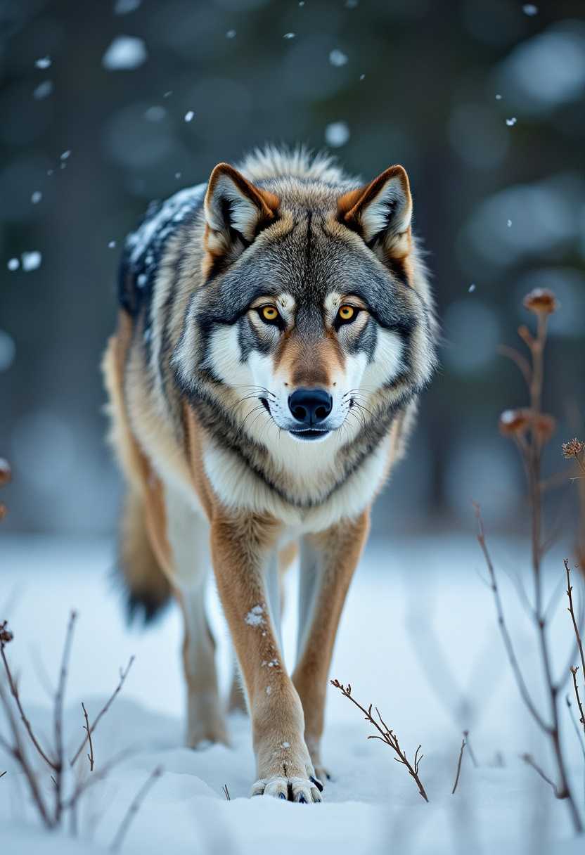 In the heart of the untamed wilderness, where the whispering pines stood sentinel against the biting wind, the wolf moved with a grace born of necessity. His coat was a tapestry of grays and whites, a perfect camouflage against the snow-draped landscape. Each muscle rippled beneath his fur, a testament to the life of survival he led in this unforgiving land.

His eyes, a piercing yellow, held the wisdom of countless generations, a knowledge of the hunt and the chase, of the delicate balance between life and death. They scanned the horizon with a keen intelligence, ever watchful, ever wary. The wolf was a creature of instinct, honed by the relentless demands of the wild, yet there was a nobility in his bearing, a silent acknowledgment of his place in the grand tapestry of nature.

As he trotted through the snow, his breath formed ephemeral clouds in the frigid air, vanishing as quickly as they appeared. The forest was his domain, a realm where he was both predator and prey, where the call of the wild was a constant, unyielding symphony. In this world, the wolf was a master, a solitary figure moving with purpose and poise, a living embodiment of the untamed spirit that Jack London so vividly captured in his tales.