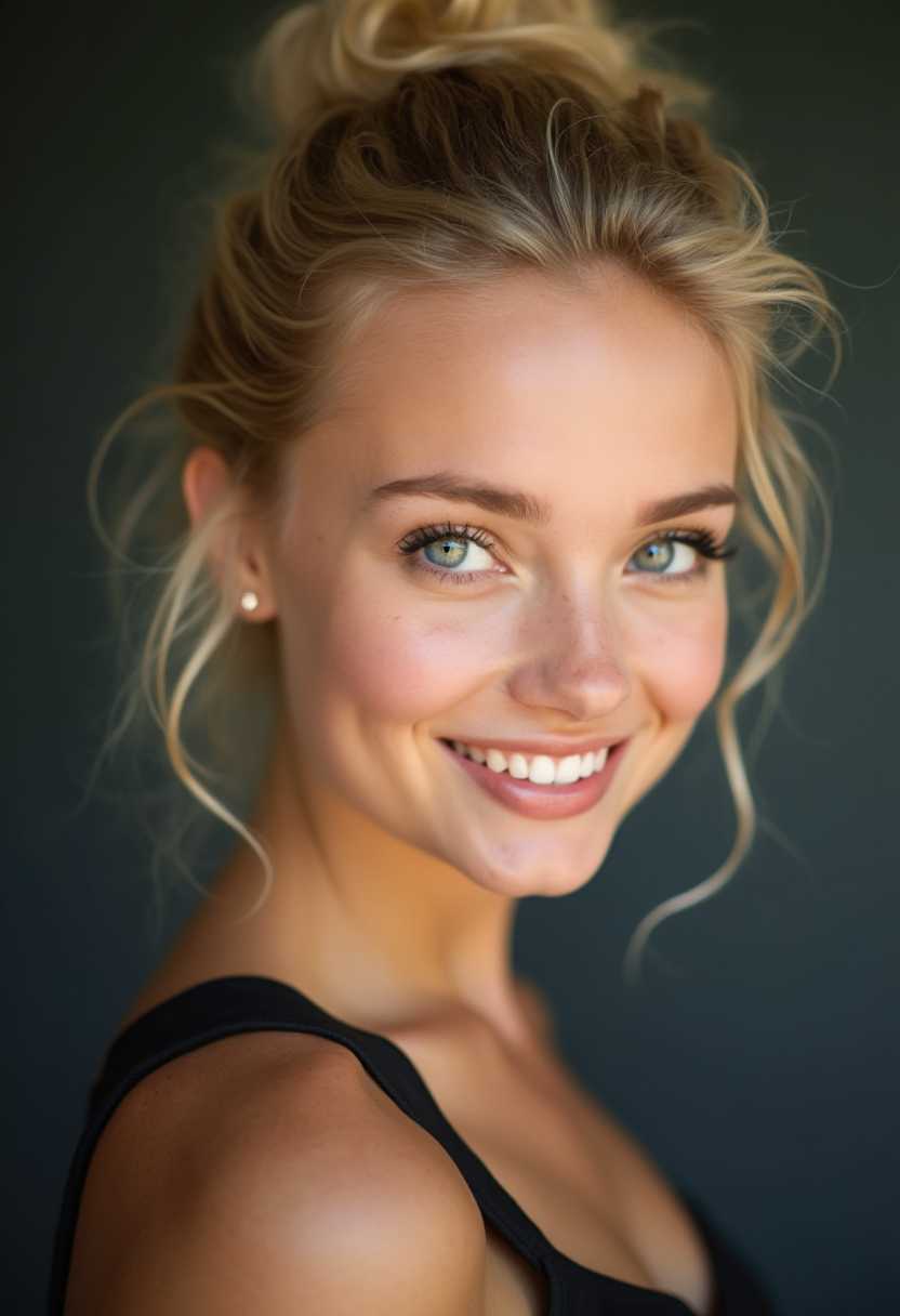 Closeup Portrait of a Blonde Woman with a Topknot and a Black Tank Top