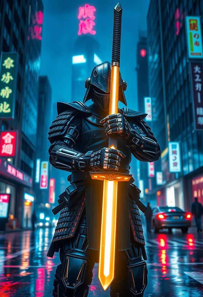 A cyberpunk-inspired digital artwork featuring a half-human, half-robot warrior in futuristic samurai armor, gripping a glowing katana with cybernetic hands. The city skyline is drenched in rain, with neon signs reflecting off the wet streets. Shot in a low-angle perspective, emphasizing the power and dominance of the warrior. Captured with a RED Komodo 6K, using a Leica Summilux-M 35mm f/1.4 lens for a wide, dramatic shot, blending the dynamic contrasts of bright neon and deep shadows, evoking Denis Villeneuve's signature style of atmospheric tension."