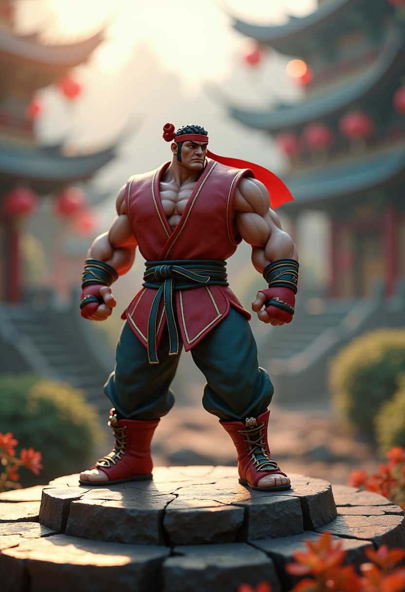 a 3D rendering of a figurineof a fighter from street fighter V on a platform with chinese temple fighting arena, Blurred vegetation behing