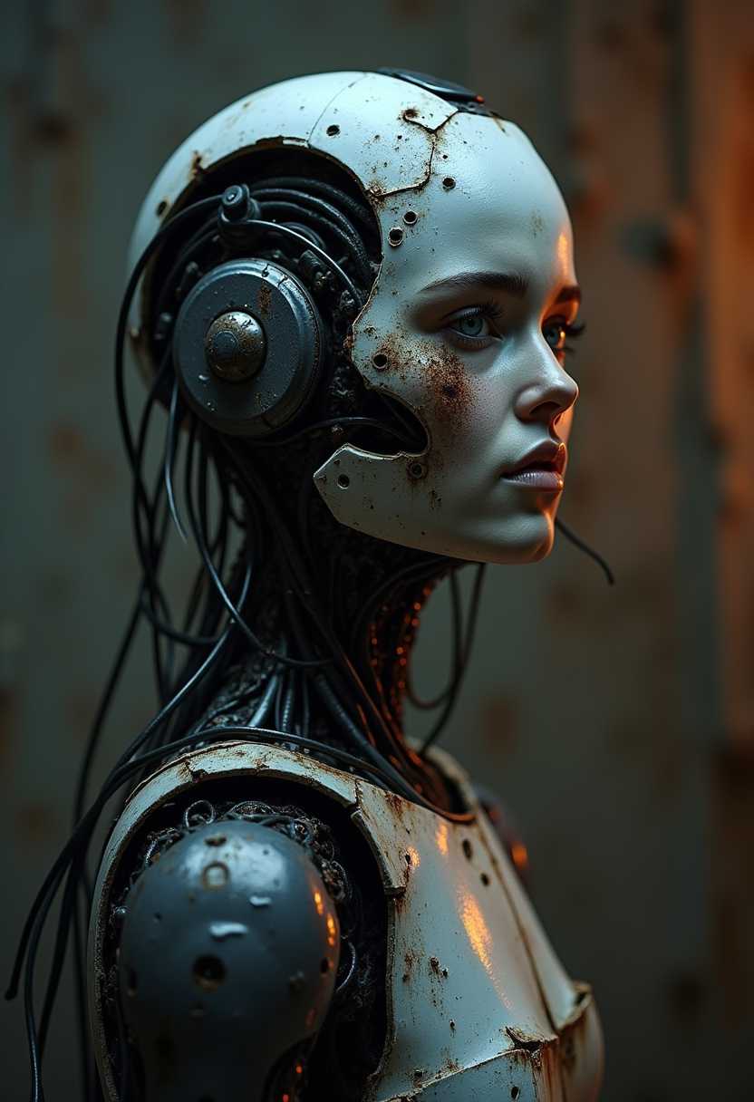 photo of a (cyborg with battle damage:1.1), (loose wires, exposed metal parts), (detailed robotic face:1.1), looking at viewer, dark, broken limbs, full body, professional color grading, masterpiece, high contrast, (deep shadow:1.2), (night:1.1), (masterpiece:1.1), (dramatic lighting:1.1), warm tones, ((creamy bokeh)), hyper-realistic lifelike texture, trending on social media, Adobe Lightroom, depth of field,
