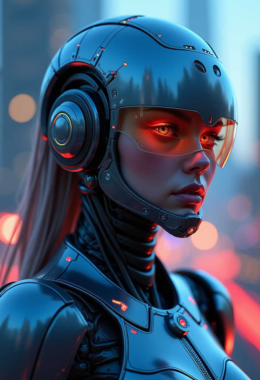 cyborg girl, (metallic armor:1), sci-fi helmet, sapphire eyes, best quality ,masterpiece, illustration, an extremely delicate and beautiful, extremely detailed ,CG ,unity ,8k wallpaper, Amazing, finely detail, masterpiece,best quality,official art,extremely detailed CG unity 8k wallpaper,absurdres, incredibly absurdres, ultra-detailed, highres, extremely detailed,beautiful detailed girl, extremely detailed eyes and face, beautiful detailed eyes,light on face, 1girl, nico robin, mech, breast, mechanical_body, spaceship, depth_of_field, cyberpunk, city, skyscraper, skyline, night sky, neon lights, no humans, background, star gate, lab,(outer space), star_sky, dusk, explore,