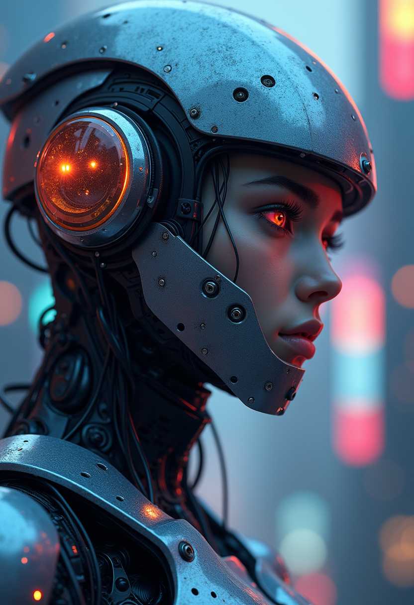 cyborg girl, (metallic armor:1), sci-fi helmet, sapphire eyes, best quality ,masterpiece, illustration, an extremely delicate and beautiful, extremely detailed ,CG ,unity ,8k wallpaper, Amazing, finely detail, masterpiece,best quality,official art,extremely detailed CG unity 8k wallpaper,absurdres, incredibly absurdres, ultra-detailed, highres, extremely detailed,beautiful detailed girl, extremely detailed eyes and face, beautiful detailed eyes,light on face, 1girl, nico robin, mech, breast, mechanical_body, spaceship, depth_of_field, cyberpunk, city, skyscraper, skyline, night sky, neon lights, no humans, background, star gate, lab,(outer space), star_sky, dusk, explore,