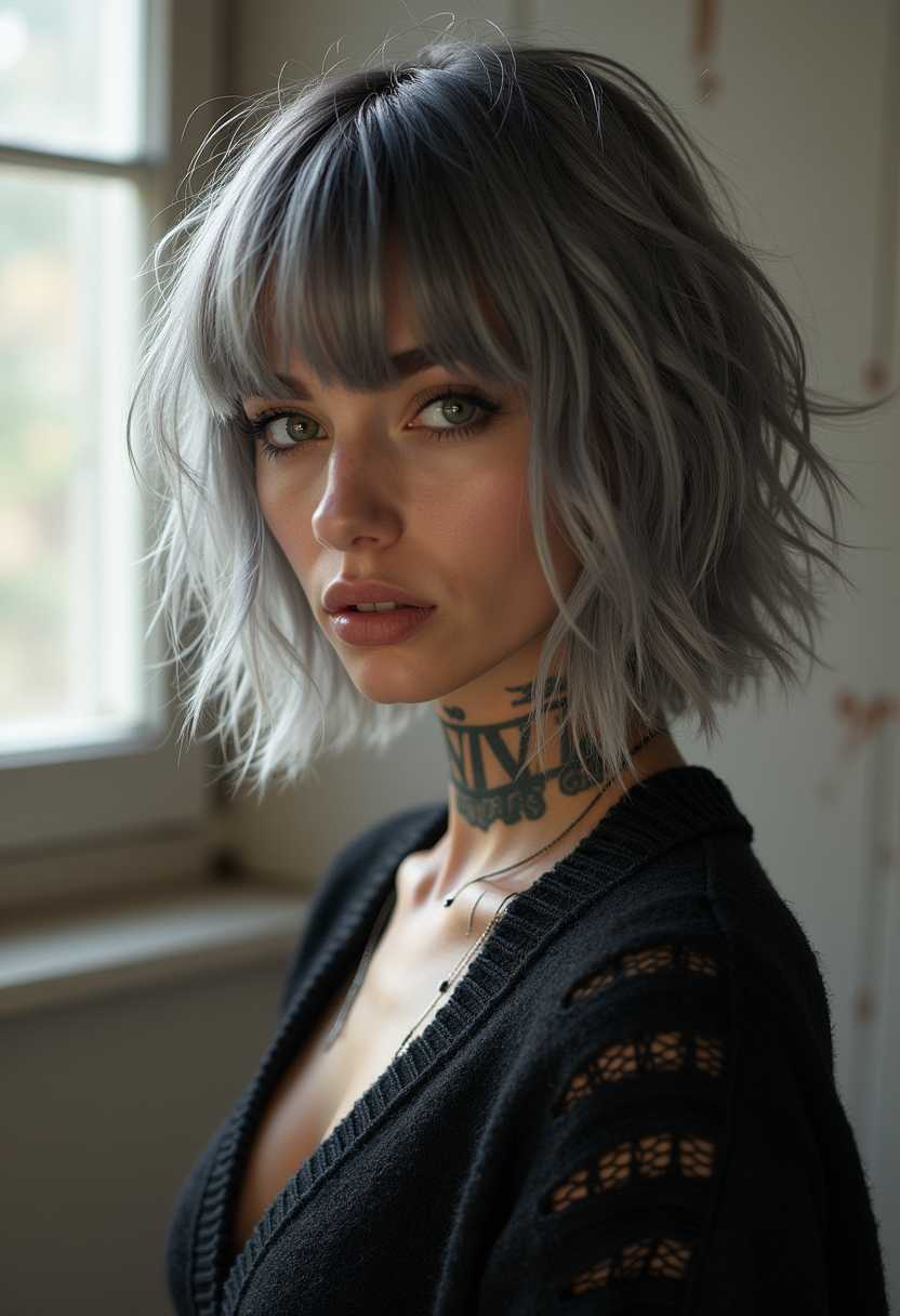 new wave girl with silver-black messy bob hair, neck tattoo, wearing a virgin killer sweater, very small rocket tits, puffy nipples