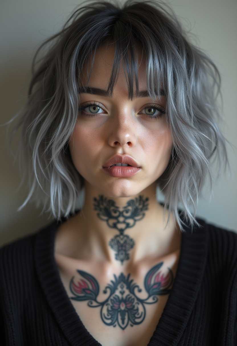 Portrait of a Person with a Choker Tattoo and Silver Hair