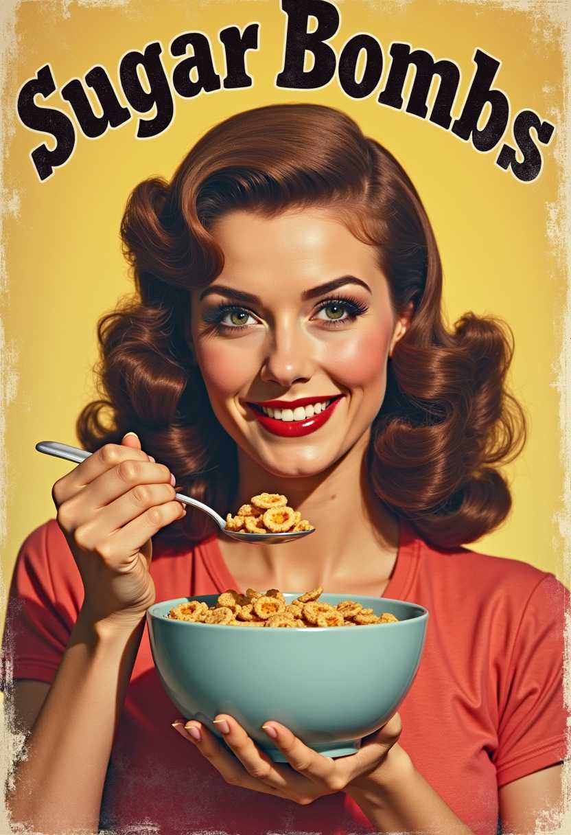 poster of a woman eating cereal, text "Sugar Bombs", , 1960s distressed poster style of FALLOUT TV series