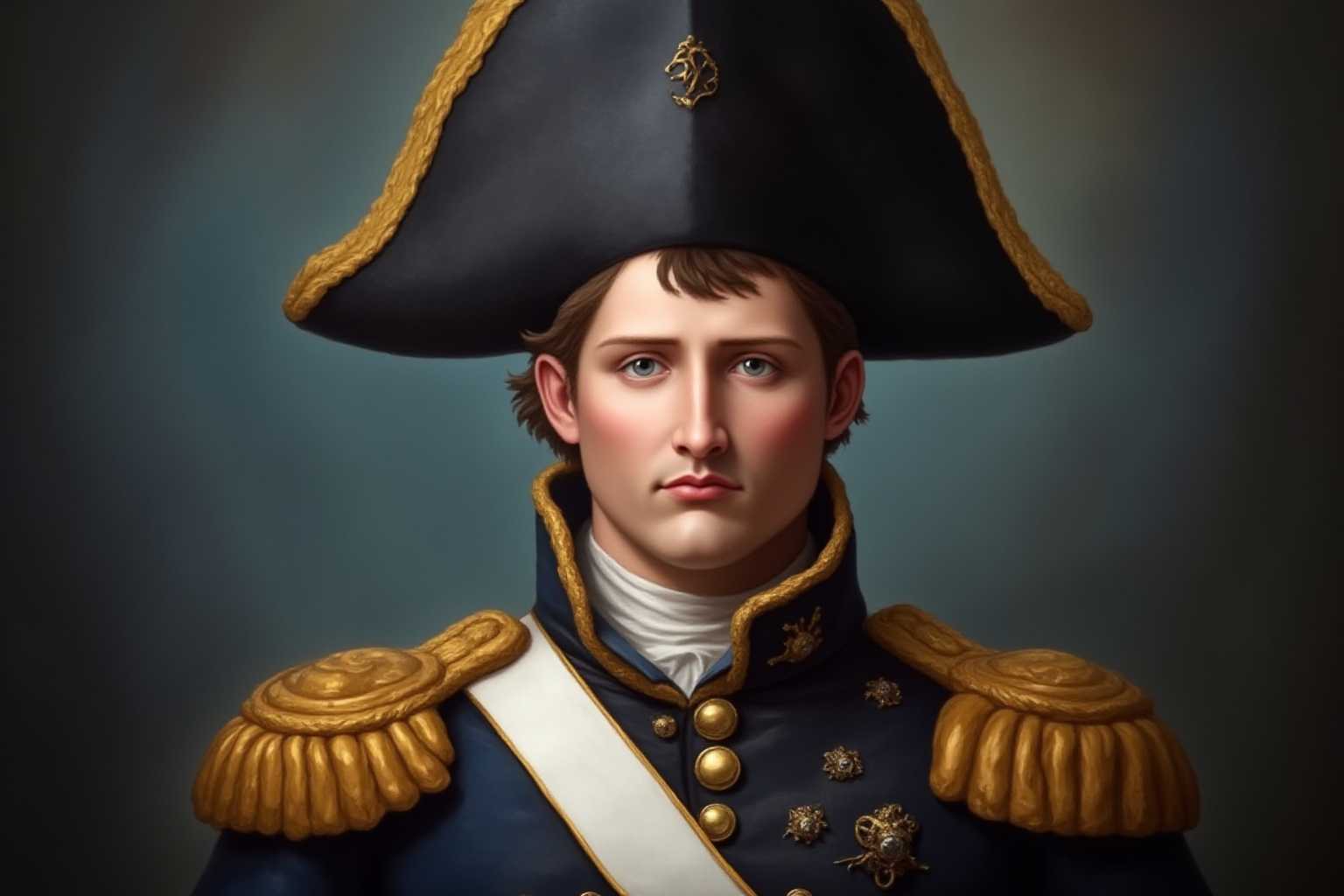 Depict a hyper-realistic portrait of Napoleon Bonaparte, capturing the essence of his influential and commanding presence. The portrait showcases Napoleon in his iconic military uniform, meticulously detailed to emphasize the rich textures of his epaulettes, buttons, and the fabric of his jacket. His sharp facial features, piercing gaze, and well-known bicorne hat are depicted with extraordinary precision, lending a sense of lifelike authenticity. The background is a subtle blend of regal blues and golds, adding depth and highlighting his stature. The lighting is dramatic, with a play of shadows that accentuate the contours of his face, evoking the grandeur of an Old Masters painting. The composition centers on Napoleon, with a slight angle from below to enhance his authoritative aura. This image evokes a sense of historical significance and timeless power, with every detail contributing to a cohesive, powerful portrayal.