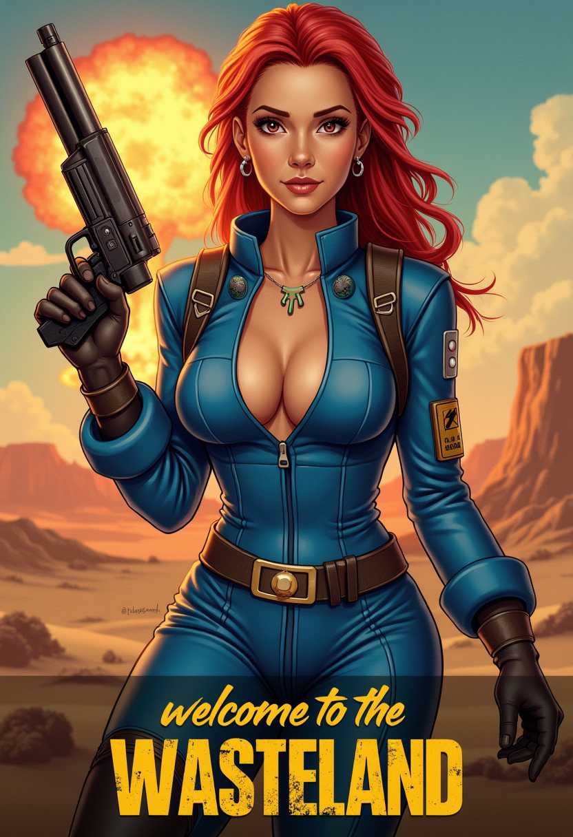 poster of a woman wearing blue vault jumpsuit holding a laser gun, text words "welcome to the wasteland",, cleavage, red hair, background a dystopian desert, a nuclear explosion in the distance, style of FALLOUT TV series