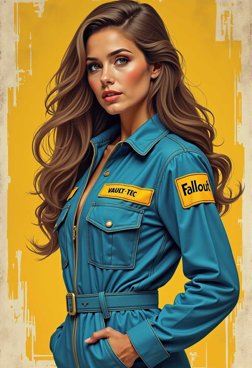 poster of a woman wearing blue vault jumpsuit, text "Fallout" on the sleeve and yellow stripe with words VAULT TEC, , 1960s , distressed poster, long hair, illustration
