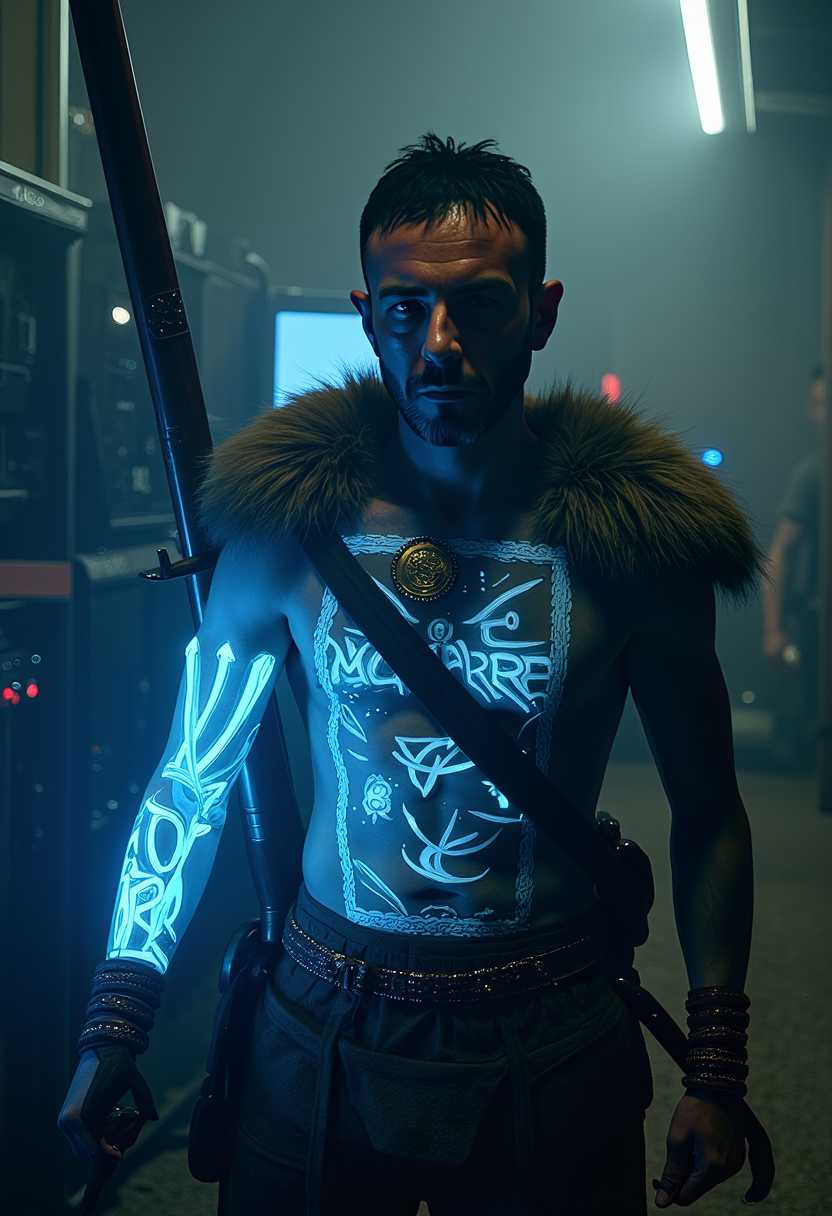 a photo of MONZI 2, ,  In the foreground of this striking composition, a semi-transparent figure of a fearsome warrior grips a heavy weapon, its artistic metalwork and solid wooden handle illuminated by a faint blue glow. The ethereal quality of the warrior's form merges with the ruggedness of his attire—layered with fur, leather, and metal embellishments—creating a unique juxtaposition of ancient battle readiness and futuristic technology. The background fades into a murky, foggy atmosphere, punctuated by dimly lit electronic equipment, enhancing the sense of impending conflict or saga.

The warrior's intense gaze and composed stance convey deep experience and resolve, while the high contrast between light and shadow highlights the intricate details of his battle dress and the holographic patterns that dance across his semi-transparent figure. This blend of styles evokes a narrative that transcends time, capturing the raw emotion and tension of a moment poised between the past and an uncertain future. The ambient glow surrounding him not only accentuates his form but also suggests a connection to the technology that frames this hauntingly beautiful scene, where the classic military theme meets the allure of advanced holographic imagery.
