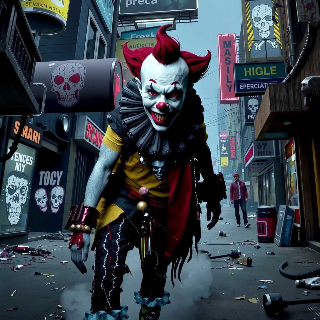 a photo of MONZI 2, ,The artwork presents a menacing clown, its cracked skin resembling aged porcelain, dressed in tattered cyberpunk attire adorned with neon accents and metallic embellishments. The clown's glowing red eyes pierce through the darkness, radiating an unsettling intensity. Surrounding it is a chaotic, dystopian landscape filled with twisted metal structures, flickering holographic advertisements, and shadowy alleyways that evoke a sense of foreboding. The ground is littered with debris, including broken glass and discarded tech, enhancing the grim aesthetic. Wisps of fog curl around the clown's feet, blending with the dim, eerie lighting that casts long, distorted shadows across the scene. The skull motif is subtly integrated into the clown's clothing and the background, adding layers of macabre detail. The overall composition is dynamic yet unsettling, with a sense of depth that draws the viewer into this dark fantasy realm. Keywords: horror style, dark fantasy, cyberpunk, chaotic composition, dim lighting, eerie atmosphere, cracked texture, macabre elements, neon accents, skull motif, twisted structures, unsettling perspective, shadow play, surrealism.