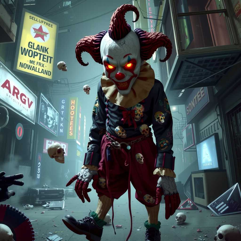 a photo of MONZI 2, MONZI 2, ,The artwork presents a menacing clown, its cracked skin resembling aged porcelain, dressed in tattered cyberpunk attire adorned with neon accents and metallic embellishments. The clown's glowing red eyes pierce through the darkness, radiating an unsettling intensity. Surrounding it is a chaotic, dystopian landscape filled with twisted metal structures, flickering holographic advertisements, and shadowy alleyways that evoke a sense of foreboding. The ground is littered with debris, including broken glass and discarded tech, enhancing the grim aesthetic. Wisps of fog curl around the clown's feet, blending with the dim, eerie lighting that casts long, distorted shadows across the scene. The skull motif is subtly integrated into the clown's clothing and the background, adding layers of macabre detail. The overall composition is dynamic yet unsettling, with a sense of depth that draws the viewer into this dark fantasy realm. Keywords: horror style, dark fantasy, cyberpunk, chaotic composition, dim lighting, eerie atmosphere, cracked texture, macabre elements, neon accents, skull motif, twisted structures, unsettling perspective, shadow play, surrealism., MONZI 2