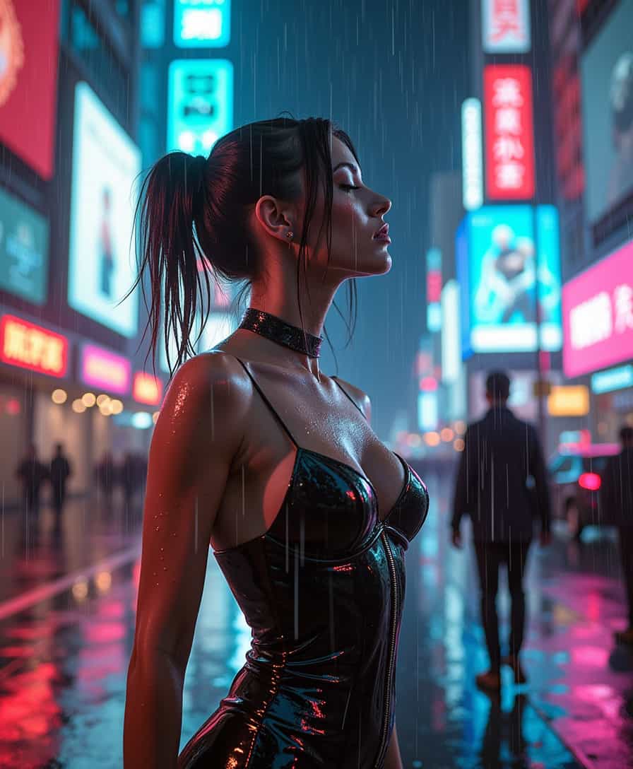 A cinematic, cyberpunk photo of a stunningly attractive woman caught in the rain, captured in high dynamic range (HDR). She stands in the middle of a futuristic cityscape, illuminated by the vibrant glow of neon lights reflecting off the wet pavement. Her wet, high-fashion cyberpunk outfit clings to her curves, accentuating her figure, with intricate textures and metallic accents that shimmer under the neon lights. Raindrops cascade down her face and body, each droplet sharply in focus, adding a tactile quality to the scene. Her hair is styled in an elaborate updo, with strands artistically arranged to frame her face, and her eyes are closed as she tilts her head back, embracing the rain. The textures of her skin and clothing are exaggerated, highlighting every detail. Strategic highlights on her cheekbones, collarbones, and the curves of her body catch the neon light, adding a luminous glow. A romantic partner is approaching her from the background, his silhouette partially visible through the rain and neon lights. The HDR effect enhances the contrast and saturation, making the colors pop and adding depth to the scene. The background features towering skyscrapers, holographic advertisements, and bustling city life, with exaggerated textures and sharp focus, adding a sense of modern allure and excitement to the scene.