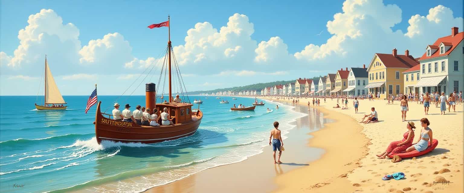 This image is a vibrant and detailed painting that captures a bustling beach scene. The art style is reminiscent of a realistic or hyperrealistic genre, with a focus on intricate details and a lifelike representation of the scene.The medium appears to be oil paint, given the rich texture and depth of the colors. The use of light and shadow is masterful, creating a sense of dimension and realism in the painting.The colors are bright and saturated, with a clear distinction between the warm tones of the beach and the cool blues of the sea. The sky is a clear, sunny blue with scattered clouds, and the beach is lined with a variety of pastelcolored buildings that suggest a quaint, possibly Victorianera seaside town.In the foreground, there is a large wooden boat named Huntington with a group of passengers dressed in period clothing, suggesting a historical setting. The passengers are wearing hats and suits, and the boat is adorned with an American flag, adding to the oldfashioned charm of the scene.Around the boat, there are several other boats of different sizes and designs, including rowboats and speedboats, all seemingly engaged in various activities on the water. The sea is depicted with gentle waves and a frothy wake trailing behind the Huntington, indicating movement and the presence of the boat.On the beach, there are numerous people engaged in various activities, such as sunbathing, walking, and playing beach games. The beachgoers are also dressed in period clothing, which complements the historical theme of the painting.Overall, the painting exudes a sense of leisure and nostalgia, inviting the viewer to imagine themselves in this idyllic, bygone seaside setting.