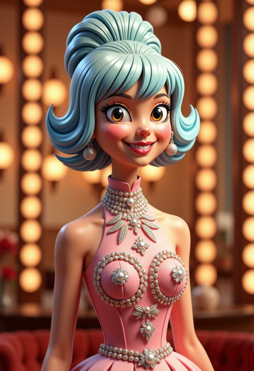 3d cartoon girl, with a highly exaggerated, vintage aesthetic. The subject is wearing a sleeveless, pink dress adorned with a lavish amount of rhinestones and sequins, embellishing the bodice with circular and leaflike patterns. The dress has a high neckline and appears to be made of a satiny material that catches the light, giving it a shimmering effect.The hair of the subject is voluminous and styled in a bun. The hair color is a pastel, almost aqua blue, which contrasts with the warm tones of the dress and the background. The hair is swept up into a voluminous bouffant at the top of the head, with bangs that frame the forehead.The subjects makeup is bold and dramatic, with a focus on the eyes. The eyelashes are thick and long, with a winged eyeliner that adds to the vintage glamour. The lipstick is a deep, rich shade that complements the overall color scheme of the image.The background of the image is rich with warm, amber tones, featuring a variety of lights and bokeh effects that give the impression of a festive or celebratory atmosphere. The lights are arranged in vertical lines, creating a sense of depth and adding to the ambiance of the setting. The overall art style of the image is reminiscent of 1960s and 1970s glamour photography, with a touch of modern styling in the subjects hair and makeup.The medium of the image appears to be a highquality photograph, with a focus on the details of the subjects attire and the textures of the hair and makeup. The lighting is soft and diffused, highlighting the subject without harsh shadows, which is typical of studio photography. The colors are vibrant and saturated, with a careful balance between the cool tones of the hair and the warm tones of the background.This image is a stylized portrait of a person with a highly exaggerated, vintage aesthetic. The subject is wearing a sleeveless, pink dress adorned with a lavish amount of rhinestones and sequins, embellishing the bodice with circular and leaflike patterns. The dress has a high neckline and appears to be made of a satiny material that catches the light, giving it a shimmering effect.The hair of the subject is voluminous and styled in a bun. The hair color is a pastel, almost aqua blue, which contrasts with the warm tones of the dress and the background. The hair is swept up into a voluminous bouffant at the top of the head, with bangs that frame the forehead.The subjects makeup is bold and dramatic, with a focus on the eyes. The eyelashes are thick and long, with a winged eyeliner that adds to the vintage glamour. The lipstick is a deep, rich shade that complements the overall color scheme of the image.The background of the image is rich with warm, amber tones, featuring a variety of lights and bokeh effects that give the impression of a festive or celebratory atmosphere. The lights are arranged in vertical lines, creating a sense of depth and adding to the ambiance of the setting. The overall art style of the image is reminiscent of 1960s and 1970s glamour photography, with a touch of modern styling in the subjects hair and makeup.The medium of the image appears to be a highquality photograph, with a focus on the details of the subjects attire and the textures of the hair and makeup. The lighting is soft and diffused, highlighting the subject without harsh shadows, which is typical of studio photography. The colors are vibrant and saturated, with a careful balance between the cool tones of the hair and the warm tones of the background.