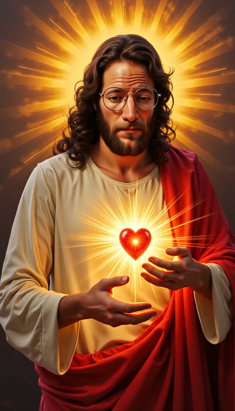 depiction of the Sagrado Corazón de Jesús as Ivandos, with glasses, radiating divine love and compassion. 
