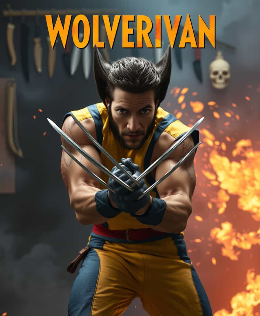 Title: Wolverine in Action

Artistic style: a fusion of hyper-realistic digital art with  sword & sorcery 
The background is a moody, atmospheric dojo setting, with misty smoke effects that catch the vivid threats and knifes of different colors hanging.  
The title is the movie name "WOLVERIVAN" in bold caps on top.
The fraise "Tu mama sabe coser?", is elegantly placed in smaller caps near underneath the title. 
Capture a dynamic scene featuring Ivandos meticulously transformed into Wolverine from the classic X-Men live-action movies. He is donned in the iconic yellow and blue uniform, contrasting boldly against the backdrop. 

The backdrop is a turbulent scene of classic cinematic explosions, with fiery oranges and deep blacks painting a dramatic contrast in the background, enhancing the sense of urgency and danger. Smoke and debris add layers of texture and depth to the scene, with subtle motion blur to convey rapid movement.

Ivandos' costume should be portrayed with attention to detail, from the stealthy claws extended mid-strike to the intricate pattern of his muscular yellow and blue fabric, slightly stained by blood to hint at a fierce prior encounter. The blood should be depicted in a realistic manner, with a subtle sheen under the bright, explosive lighting, adding to the gritty and raw atmosphere of the setting.

The artistic style is hyper-realistic, emphasizing sharp details and vibrant colors that pay homage to the original comic aesthetics. The camera angle is slightly low to give Ivandos an imposing presence in the frame,


