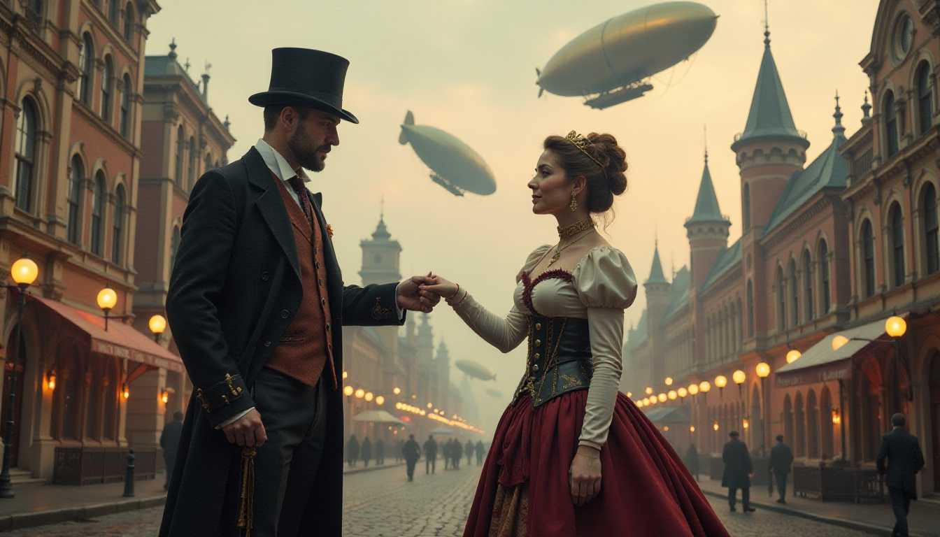 A steampunk gentleman of Caucasian descent, donned in eccentric attire, extends his hand to tip his top hat. Opposite him stands a steampunk lady of Hispanic descent, clad in an ornate corset and bustle skirt, acknowledging his gesture. They find themselves in a Victorian era townscape buzzing with airships of various unique designs, floating in the firmament. The town's skyline is a mesh of eccentric towers and cobbled streets, interspersed with elaborate gadgets exuding a warm tungsten glow, forming an intriguing testament to the imaginative prowess of the steampunk genre