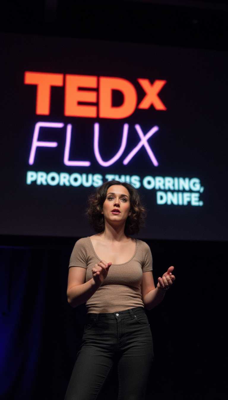 a photo of Katy, giving a TED talk, behind her a big neon sign with the text "TEDx Flux", spotlight style lighting, soft shadows, sharp focus, shallow depth of field.