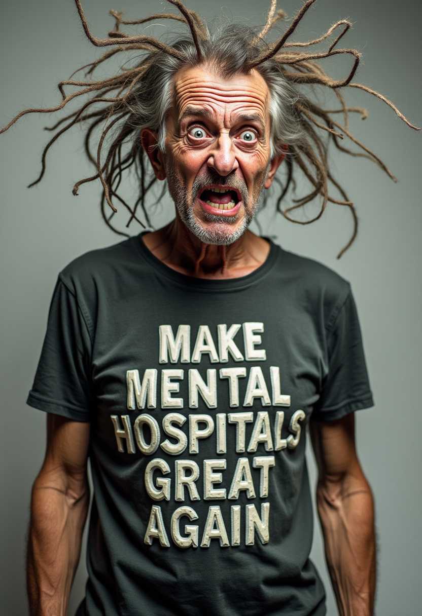 Create an image of a Crazy looking person with wired hair, crosseyed weird looking person wearing a t-shirt with the words "Make Mental Hospitals Great Again" raised text clear