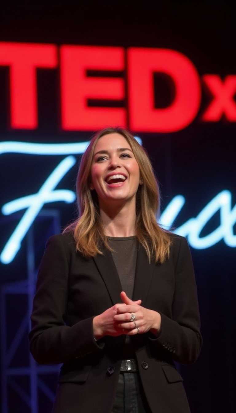 a photo of Blunt, giving a TED talk, behind her a big neon sign with the text "TEDx Flux", spotlight style lighting, soft shadows, sharp focus, shallow depth of field.
