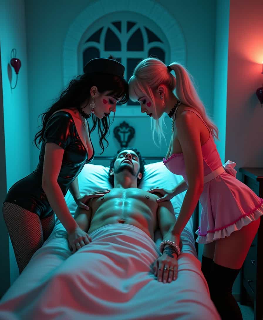 A Neo-Gothic Erotic photo of two nurses, one goth and one egirl, tending to a male patient. The goth nurse stands on the left, her pale skin contrasting with her dark, dramatic makeup and black lipstick. She wears a tight, black latex nurse uniform with a plunging neckline, fishnet stockings, and high-heeled boots. Her black hair is styled in loose waves, and she has multiple piercings and tattoos visible. The egirl nurse stands on the right, her pastel-colored hair in pigtails, with vibrant makeup featuring heart-shaped stickers on her cheeks. She wears a short, pink and white nurse dress with thigh-high stockings and platform shoes. Her outfit is adorned with cute accessories like a choker and bracelets. The male patient lies on a hospital bed in the center, shirtless, with a muscular build and a look of vulnerability. The room is dimly lit with a mix of cool blue and warm red lighting, creating a moody and sensual atmosphere. The background features gothic architectural elements like arched windows and dark, ornate furniture. The overall composition is intimate, with the nurses leaning in close to the patient, their hands gently touching his chest and face. The photograph has a high-resolution, cinematic quality with a shallow depth of field, focusing sharply on the subjects while the background remains slightly blurred.