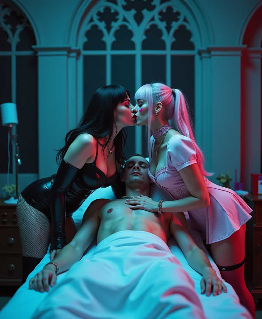 A Neo-Gothic Erotic photo of two nurses, one goth and one egirl, kissing over a male patient. The goth nurse stands on the left, her pale skin contrasting with her dark, dramatic makeup and black lipstick. She wears a tight, black latex nurse uniform with a plunging neckline, fishnet stockings, and high-heeled boots. Her black hair is styled in loose waves, and she has multiple piercings and tattoos visible. The egirl nurse stands on the right, her pastel-colored hair in pigtails, with vibrant makeup featuring heart-shaped stickers on her cheeks. She wears a short, pink and white nurse dress with thigh-high stockings and platform shoes. Her outfit is adorned with cute accessories like a choker and bracelets. The male patient lies on a hospital bed in the center, shirtless, with a muscular build and a look of vulnerability. The nurses lean over him, their lips meeting in a passionate kiss above his chest. The room is dimly lit with a mix of cool blue and warm red lighting, creating a moody and sensual atmosphere. The background features gothic architectural elements like arched windows and dark, ornate furniture. The overall composition is intimate, with the nurses' bodies close to each other and the patient, their hands gently touching his chest and face. The photograph has a high-resolution, cinematic quality with a shallow depth of field, focusing sharply on the subjects while the background remains slightly blurred.