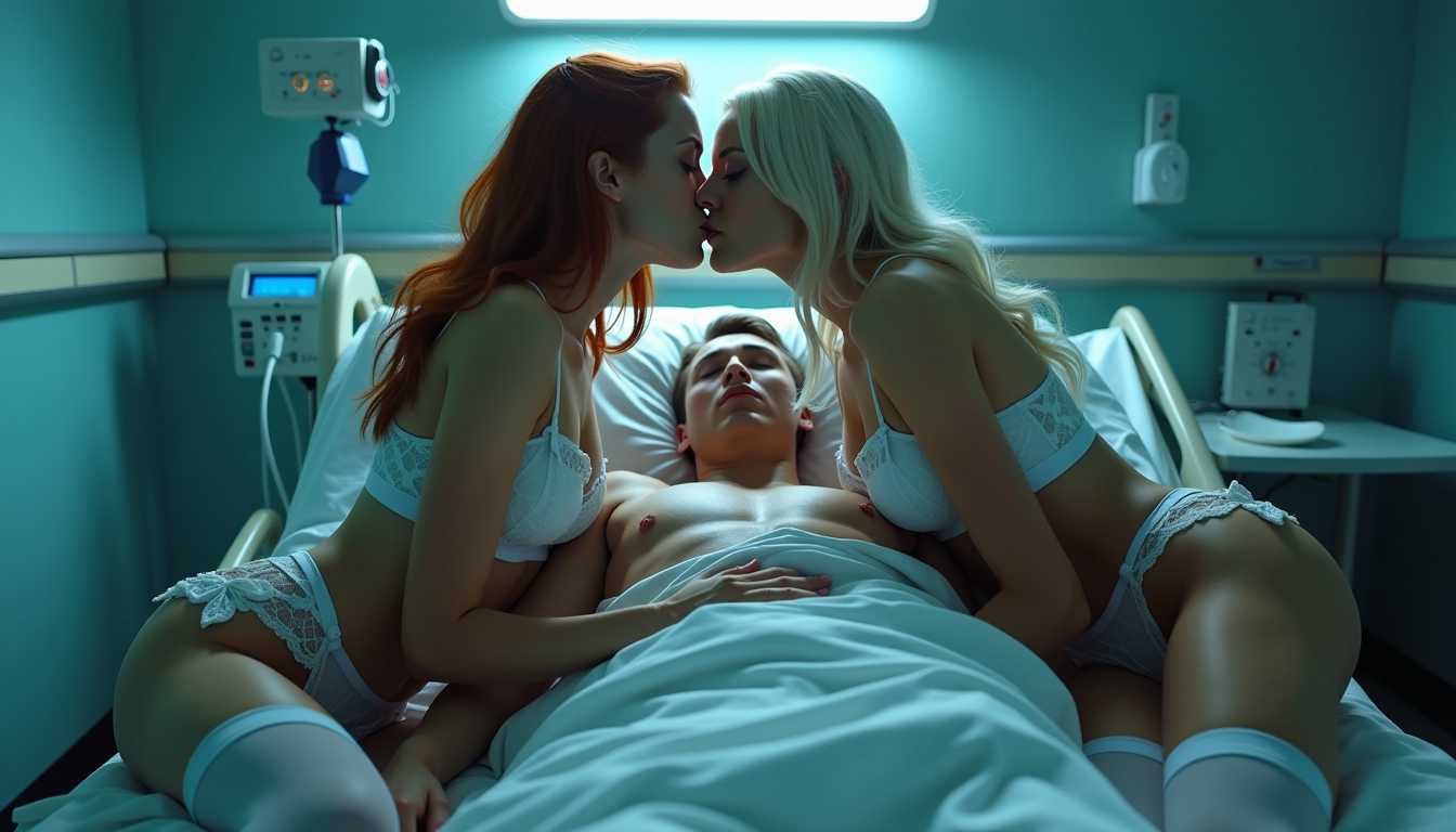 A Neo-Noir erotic photo of two beautiful nurses wearing lingerie kissing over a male patient. The scene is set in a dimly lit, sterile hospital room with a hint of surrealism. The nurses, one with flowing auburn hair and the other with platinum blonde locks, are dressed in provocative white lace lingerie with garter belts and thigh-high stockings. Their bodies are pressed closely together, their lips locked in a passionate kiss, creating a stark contrast against the cold, clinical environment. The male patient lies on the hospital bed, his eyes wide open, a look of astonishment on his face. The nurses' lingerie accentuates their idealized, exaggerated curves, with intricate lace patterns and delicate bows adding a touch of elegance. The lighting casts dramatic shadows, highlighting the contours of their bodies and the texture of the lace. The color palette is dominated by cool blues and whites, with a soft, diffused light creating an ethereal glow. The air is thick with tension and desire, the sterile environment juxtaposed with the raw, erotic energy of the scene. The composition uses a shallow depth of field, focusing on the intimate moment between the nurses, while the background blurs into obscurity, enhancing the sense of isolation and intensity.