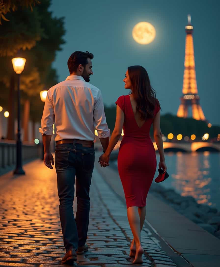 A Neo-Realism photo of the couple enjoying a moonlit walk along the Seine River. The man, now in a casual yet stylish ensemble of a white dress shirt with rolled-up sleeves and dark jeans, holds the woman's hand tenderly. The woman, in a knee-length, form-fitting red dress that highlights her curves, walks barefoot, her shoes dangling from her free hand. Her hair, slightly tousled by the gentle breeze, frames her face beautifully. The cobblestone path glistens under the soft glow of the street lamps, and the Eiffel Tower stands majestically in the background, illuminated against the night sky. The river reflects the shimmering lights, creating a magical and serene ambiance. The couple's expressions are filled with joy and contentment, capturing the essence of their blossoming romance.