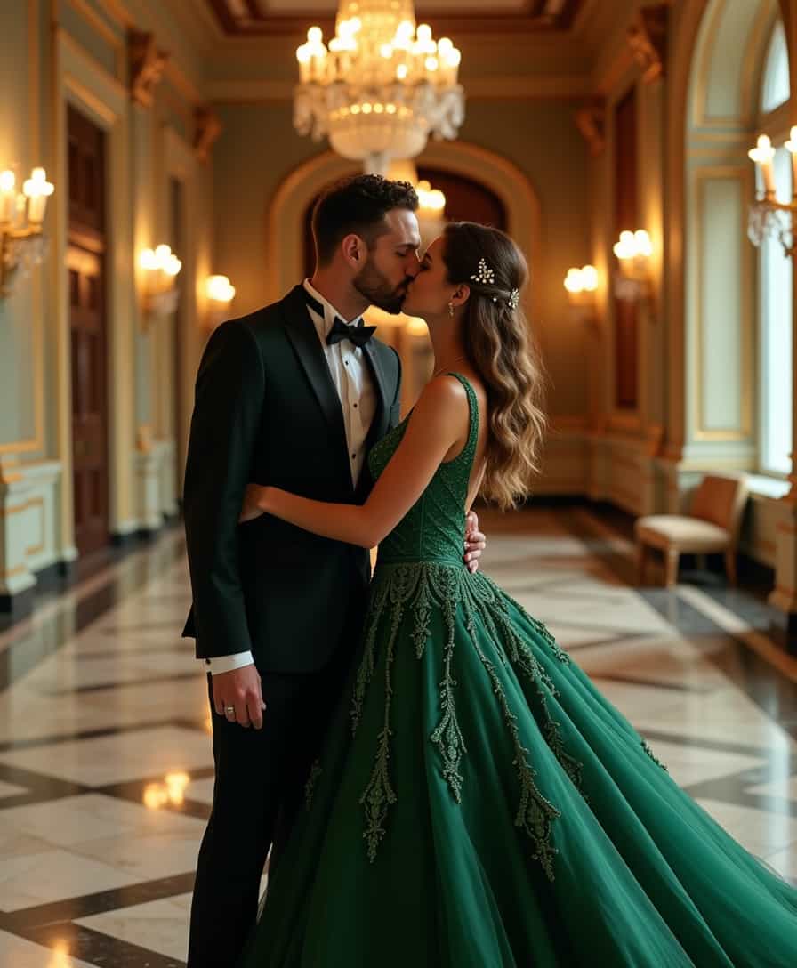 A Baroque-inspired photo of the couple in an opulent ballroom, sharing a passionate kiss. The man, in a black tuxedo with a crisp white shirt and a bow tie, exudes sophistication and charm. The woman, in a stunning, floor-length, emerald green gown with intricate lace detailing and a plunging neckline, looks breathtaking. Her hair is styled in loose curls, adorned with delicate pearl hairpins. The ballroom, with its grand chandeliers, marble floors, and gilded mirrors, exudes luxury and elegance. The lighting is dramatic, with shadows and highlights accentuating the couple's embrace. The air is filled with the soft strains of classical music, and the scent of roses and champagne lingers. The couple's kiss is intense and passionate, capturing the culmination of their romantic journey.