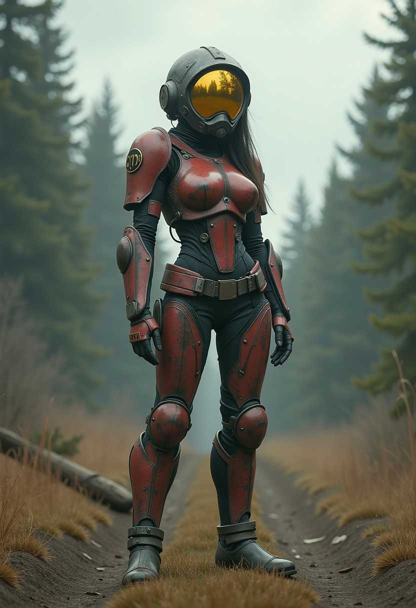 1girl, a girl (wearing t60powerarmor:2.3) standing in a forest, fully armored with helmet, cloudy day, post apocalyptic, fallout, fallout 4, bethesda, bethesda art, vault girl, vault tec, 50s, beautiful slim model body, atompunk, (atompunkstylesd15:0.4), wallpaper, intricate, sharp focus, rtx, professionally color graded, well drawn, masterpiece, ultra detailed, high quality, best quality, 4k, 8k, raw