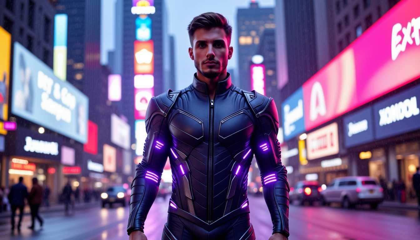 NeonLit Superhero in the Heart of Times Square