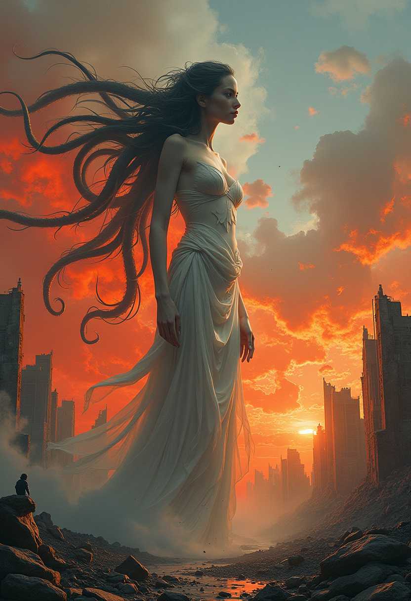 An awe-inspiring conceptual illustration of a colossal, ethereal female figure set against a fiery, apocalyptic backdrop. The figure stands amidst the ruins of a once-thriving city, her tentacle-like appendages flowing gracefully in the wind. Her serene visage contrasts with the surrounding chaos, as the sky burns with intense shades of red and orange. The desolate landscape is adorned with debris and the remnants of crumbled structures, painting a poignant picture of a world ravaged by destruction. This captivating dark fantasy scene is brought to life with vibrant, cinematic flair, creating an unforgettable visual experience., conceptual art, painting, dark fantasy, cinematic, vibrant, illustration