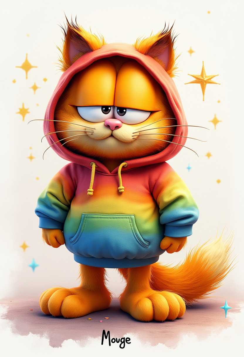 A 3D render of a watercolor illustration in a dreamy dark fantasy style. There's a full-body image of Garfield the cat wearing a lively bold rainbow hoodie. The background is a plain white. There's a signature at the bottom that says "Mouge". The image has a warm, gentle color palette and is enhanced by sparkling accents and extraordinary details.