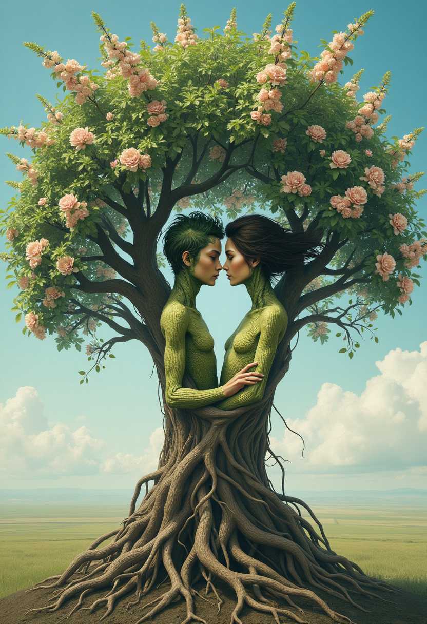 A captivating surreal artwork featuring a mesmerizing fusion of human and nature. A male and female tree are entwined in a delicate embrace, with the male tree's rugged strength contrasting the female tree's delicate grace. Their faces, growing from the gnarled branches, display serene expressions, while their roots and branches intertwine in a dance of life and love. The trees are adorned with lush green leaves and delicate pale pink blossoms, adding an ethereal touch to the scene. The vast open landscape and clear blue sky in the background create a striking contrast, inviting viewers to ponder the boundaries between the human and natural world. This thought-provoking artwork encourages introspection and a deeper understanding of the connection between humanity and nature, prompting viewers to reevaluate their perception of reality.