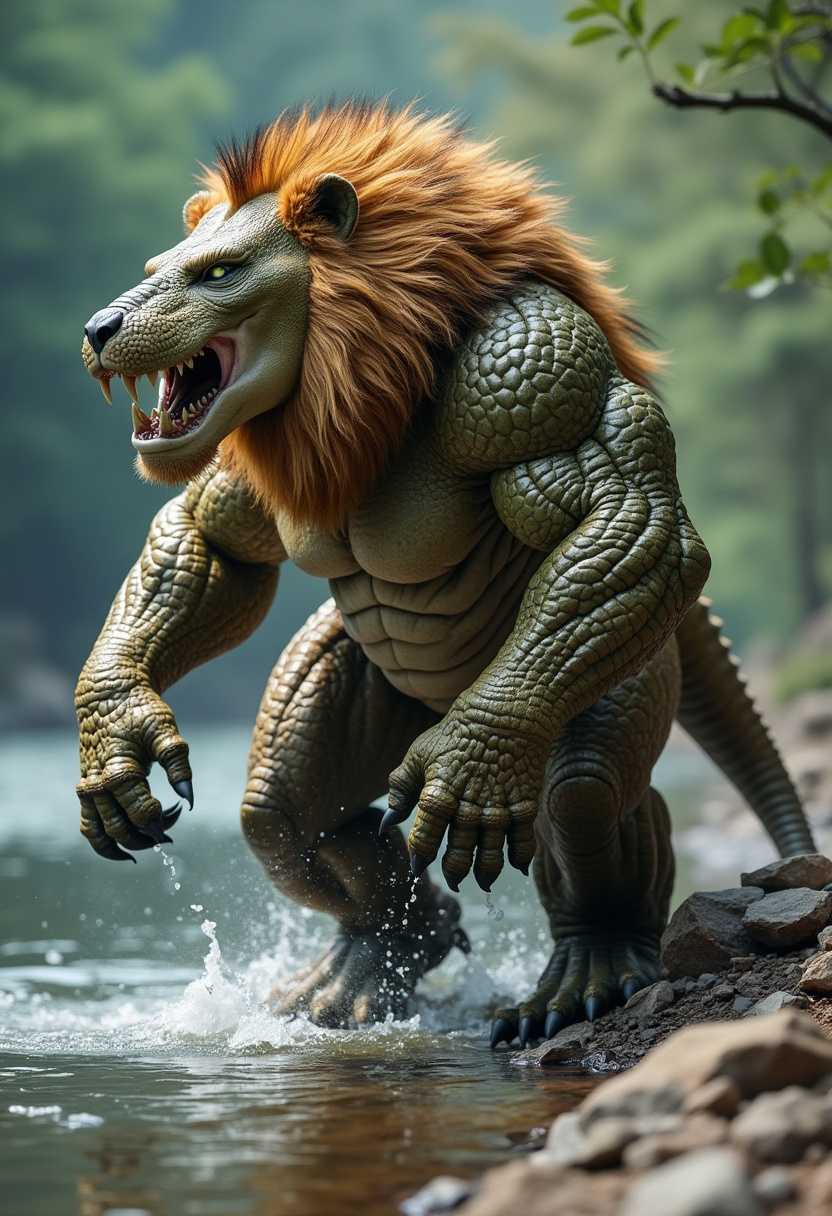 A unique and powerful hybrid creature, the Crocosilion, emerges from the water. This new muscular animal combines the features of a crocodile and a lion, with a large, scaly body and strong limbs covered in thick fur. The head of the creature boasts a fierce lion's mane, while a crocodile-like snout with sharp teeth dominates its face. The Crocosilion stands proudly on a rocky riverbank, ready to take on any challenge that comes its way.