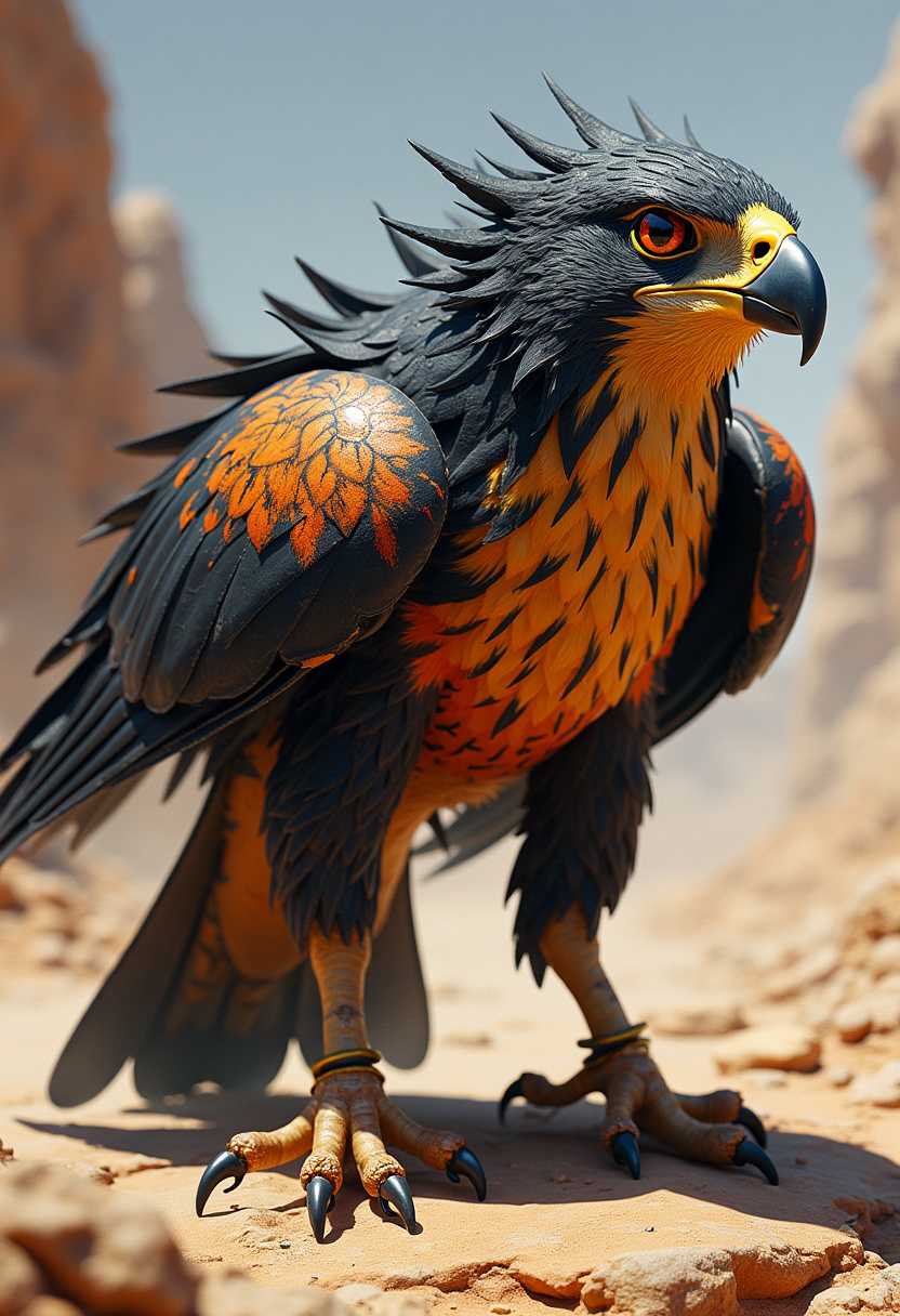 A stunning concept art of a new mythical creature, the Scorpiarine Falcon. This muscular hybrid animal has the body of a powerful scorpion with a hard exoskeleton and the wings of a majestic peregrine falcon. The falcon's wings are adorned with a scorpion-like pattern, and the creature's eyes have a fierce, predatory glint. The creature stands on a rocky and arid terrain, ready to take flight and hunt its prey.