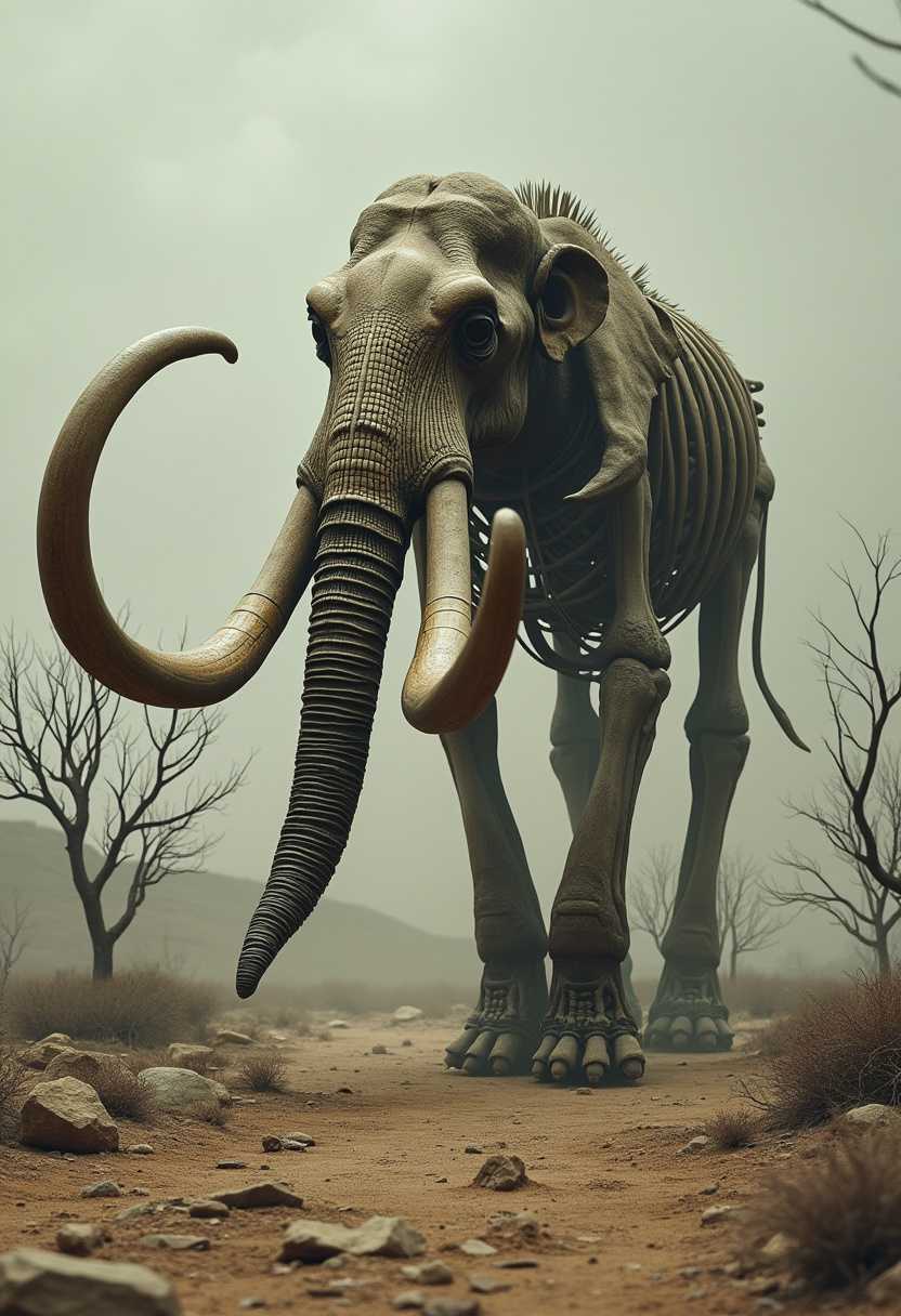 A haunting, yet captivating image of a massive, near-skeletal mammoth. The animal's bones are visible through its dry, parched skin, giving it a ghostly appearance. Its eyes hold a sorrowful, yet resilient gaze, as if it's a living reminder of a bygone era. The background is a barren, desolate landscape with a few sparse, dying trees, suggesting a forgotten, arid world.