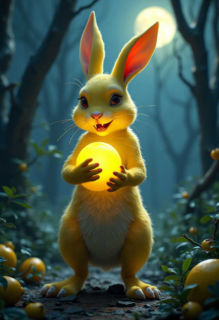 A striking 3D render illustration of a vibrant yet dark fantasy scene, featuring a rabbit and a lemon. The rabbit, with an almost otherworldly appearance, stands on its hind legs, holding the lemon in its front paws. The lemon glows with an eerie light, casting a mysterious aura over the scene. The background is a dark, enigmatic forest, with tall, twisted trees and a hauntingly beautiful moonlit sky., dark fantasy, illustration, 3d render, vibrant